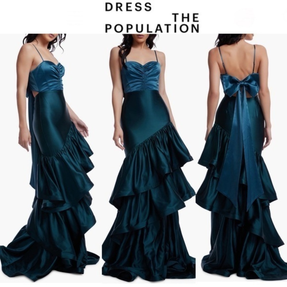 Dress the Population Clarice Tiered Ruffle Satin Gown XS NWT 698$